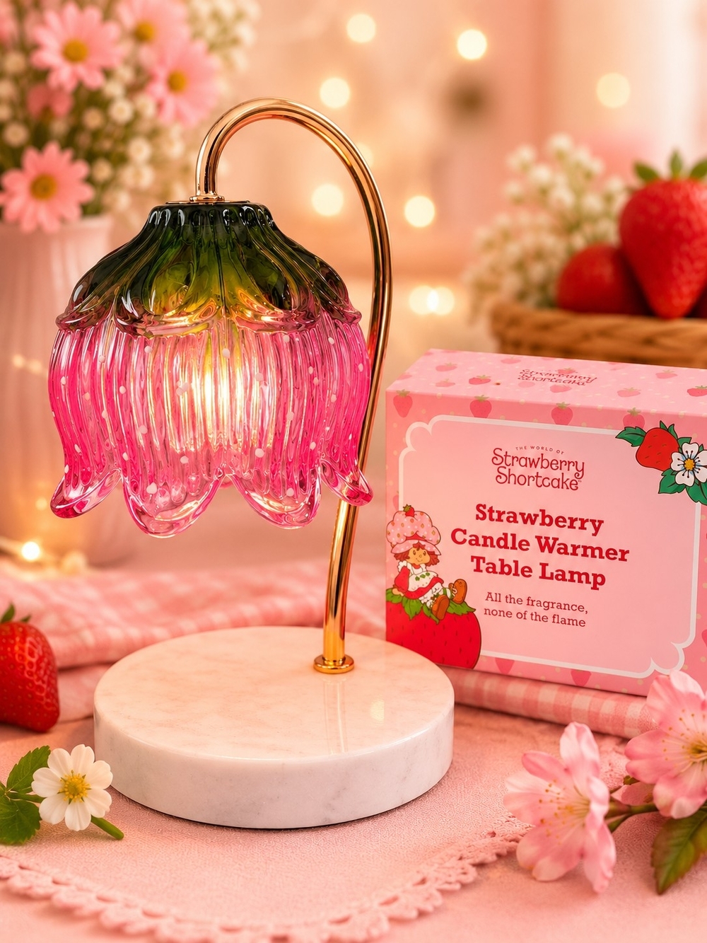 🍓NWT Strawberry Shortcake Pink Glass Candle Warmer Lamp | Marble Base | 🍓